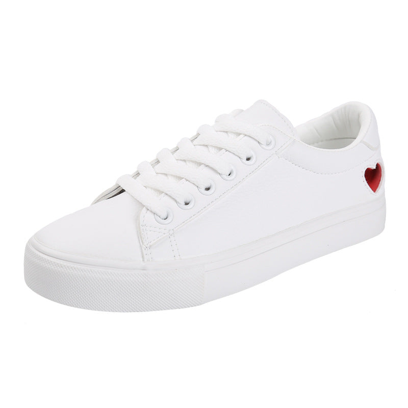 Baskets blanches femme en cuir PU – Chaussures plates respirantes à motif cœur, style casual