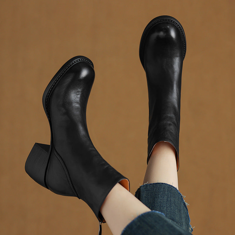 Bottines Cuir Femme Vintage – Talon Carré & Bout Pointu